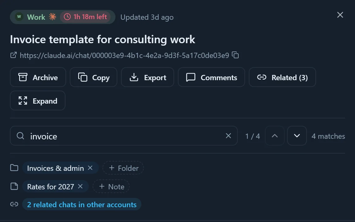 An open chat with its link to claude.ai, its Archive and Export buttons, its collection and its sticky note.