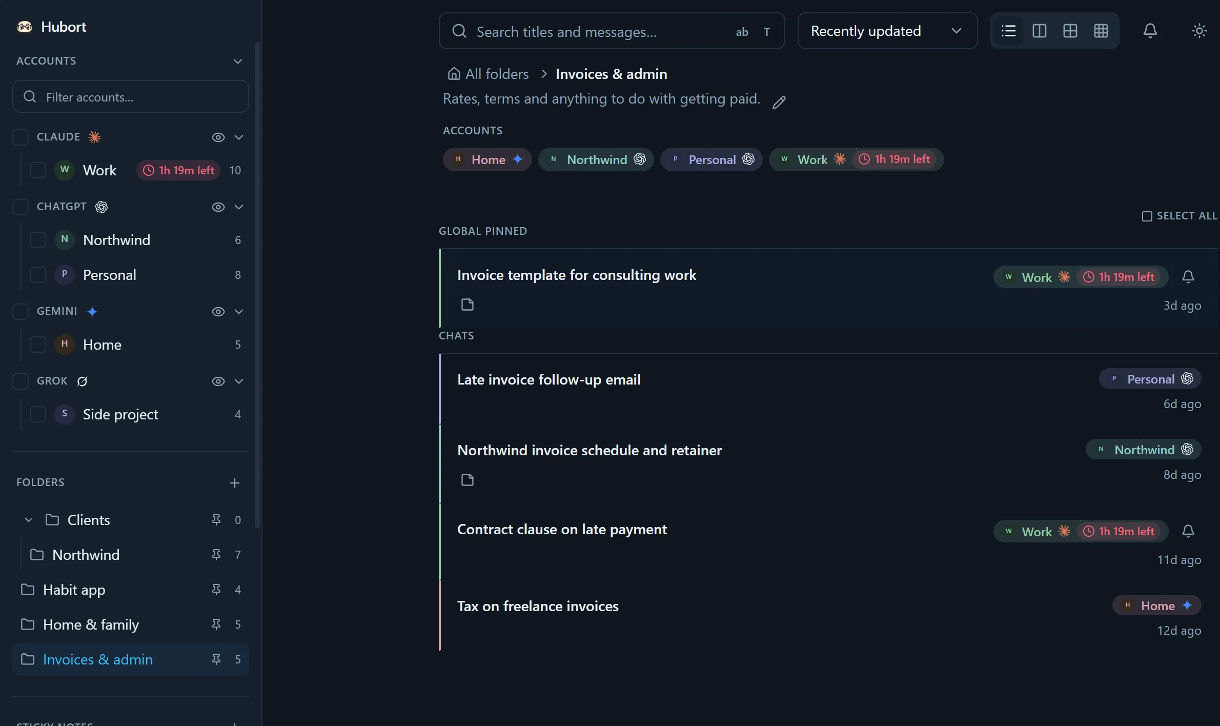 The Invoices & admin collection open, holding chats from four accounts, with the other collections in the sidebar.
