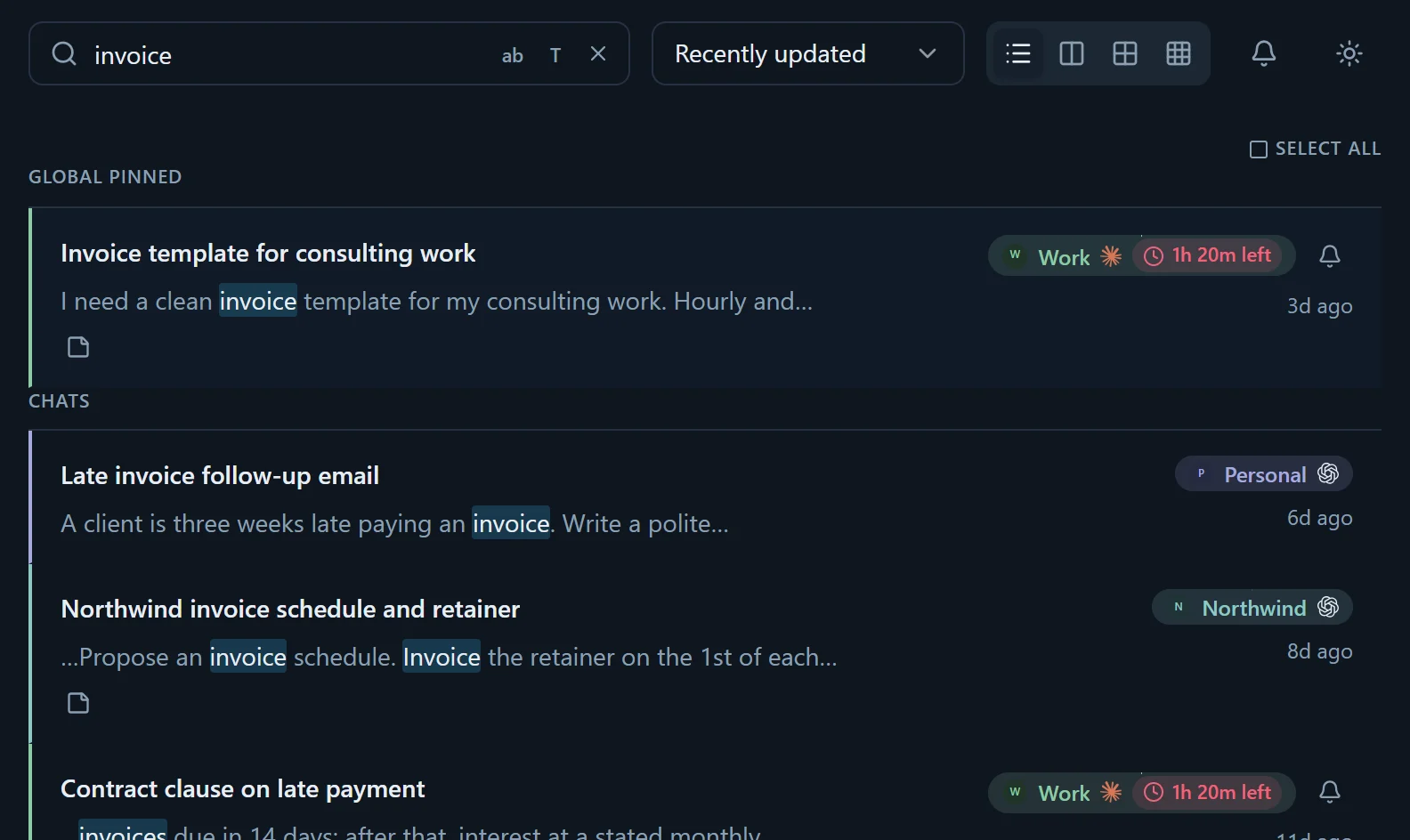 Search results for “invoice” from Work, Personal, Northwind and Home, with the matching words highlighted.